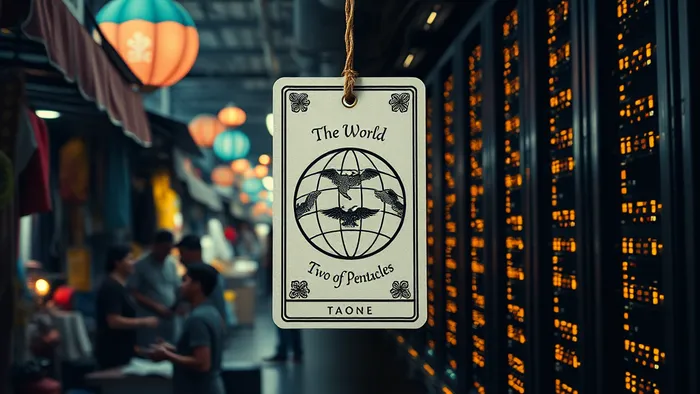 Контраст между тёплым, оживлённым локальным рынком и холодным, пустым цифровым пространством. Карта Таро в центре как мост между мирами.