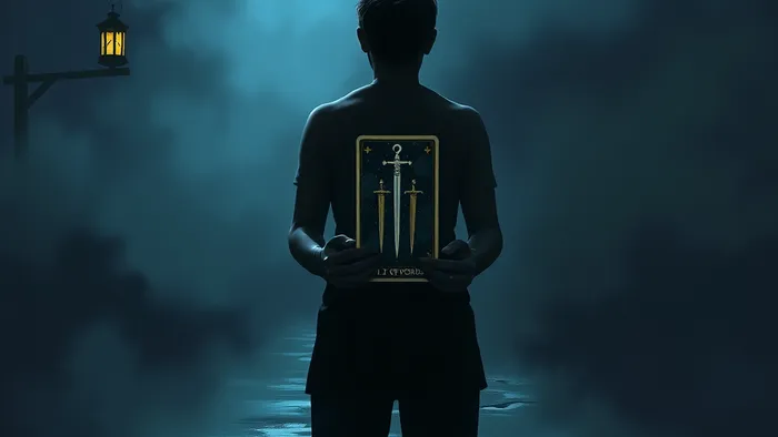 Символическое изображение внутреннего выбора: человек на перепутье с картой Таро Двойка Мечей в руках, выбирает между путем ясности и путем терпеливого наблюдения.