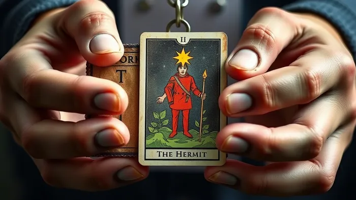 Символичное изображение: старая рабочая бейджик и яркая карта Таро Звезда, наложенная поверх, символизирующая просветление и новый путь.