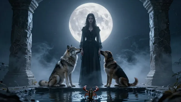 Карта Таро Луна: женщина-архетип между двумя башнями под полной луной в окружении волка и собаки, символизирующая подсознание и интуицию.