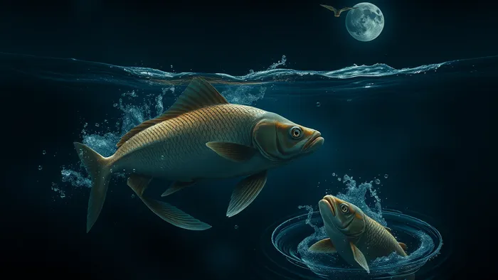 Мистическое изображение аркана Луна Таро: отражение луны в ночном озере, из воды emerge символы подсознания, вдали видны две башни и туманная дорога.