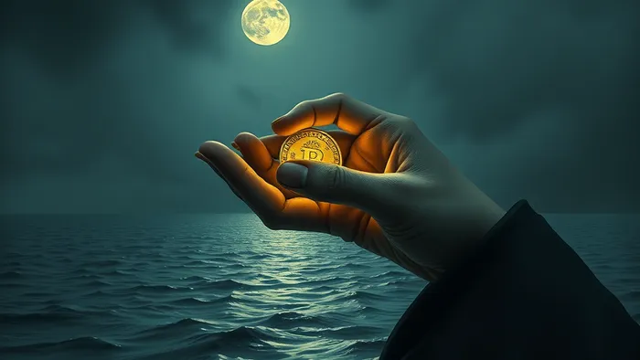 Символическое изображение аркана Луна Таро в контексте финансов: отражение монеты и луны в воде, тени в глубине, путь между башнями.
