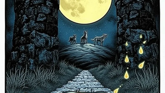 Детальное изображение карты Таро 'Луна' (XVIII Аркан) в мистическом стиле: путь между башнями, полная луна с лицом, рак и лунные капли.