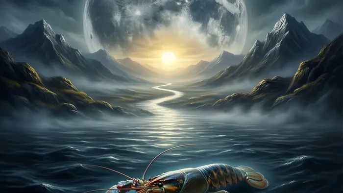 Символическое изображение архетипа карты Луна из Таро: туманный пейзаж с тёмным водоёмом, тропой и восходящим солнцем вдали, отражающее тему бессознательного и психотравмы.