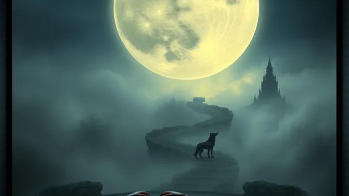 Сюрреалистическое изображение аркана Луна из Таро: луна с лицом, туманный пейзаж, рак, волк и собака на тропе.