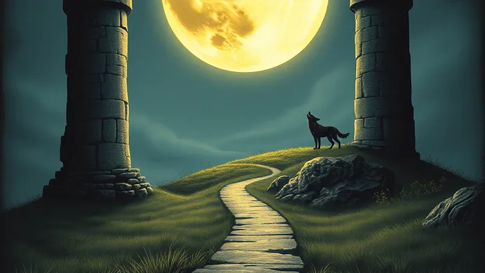 Иллюстрация Старшего Аркана Луна из колоды Таро: путь между двумя башнями под светом полной луны, рак выползает из водоёма, волк и собая воют.