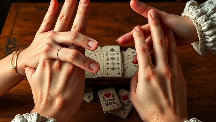 Руки разного возраста над раскрытой колодой карт Таро (Влюбленные и Император) на деревянном столе. Символика выбора и разницы в возрасте.