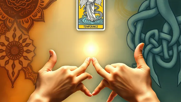 Символическое изображение слияния двух культур: узоры разных традиций по бокам, в центре — почти соприкасающиеся руки и парящая карта Таро Умеренность.