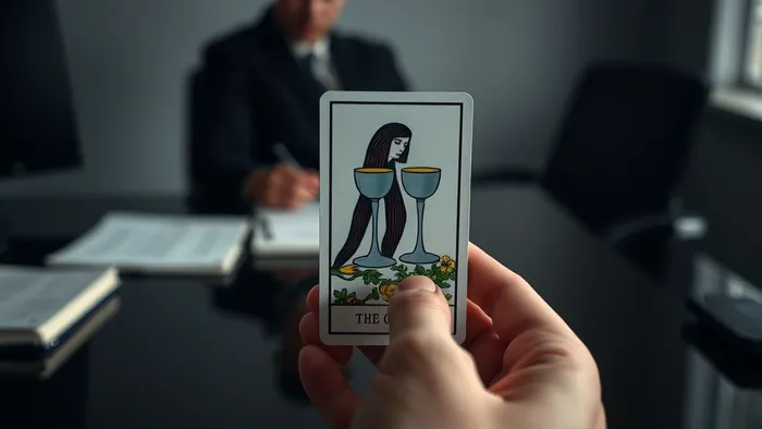 Символическое изображение расклада Таро о любви к женатому коллеге: карта Влюбленные на фоне отражения обручального кольца в столешнице.