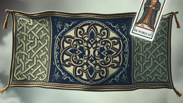 Символическое изображение слияния двух разных культурных узоров в единое полотно. Рядом парят арканы Таро Мир и Влюблённые.