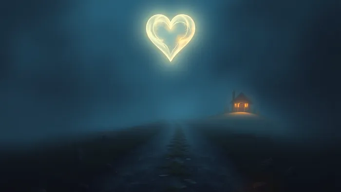 Символическое изображение выбора на распутье: две дороги в тумане, одна ведет к светящемуся сердцу, другая — к уютному дому. В пейзаж вплетены образы карт Таро, связанных с любовью и решением.