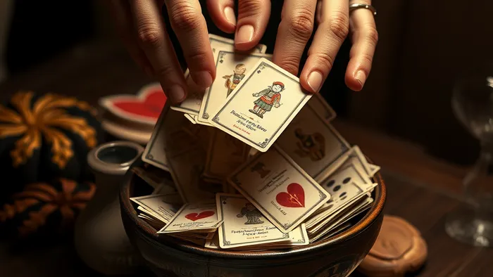 Символическое изображение межкультурных отношений через карты Таро: руки партнеров соединяются над колодой, окруженной предметами из разных культур.