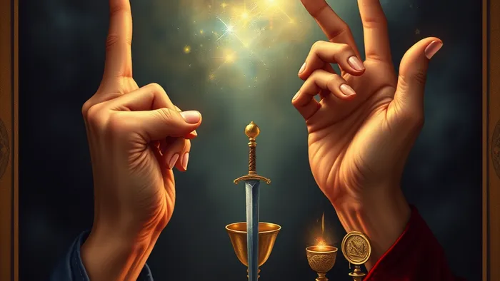 Символическое изображение жеста Мага из Таро: рука, указывающая на звезды, и рука, указывающая на алхимические инструменты на столе.