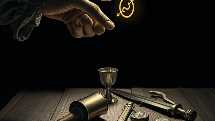 Крупный план руки Мага над столом с четырьмя инструментами Таро: жезлом, чашей, мечом и пентаклем. Символ бесконечности светится на фоне.