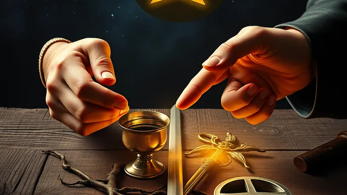 Крупный план рук Мага из Таро Уэйта, указывающих на небо и землю, с магическими инструментами на столе и символом бесконечности над головой.