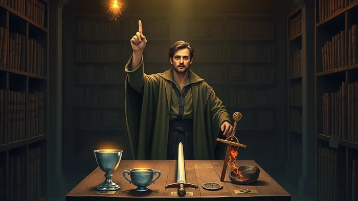 Современное детализированное изображение Аркана Маг из Таро: человек у стола с четырьмя магическими инструментами, жестом, соединяющим небо и землю, и знаком бесконечности над головой.