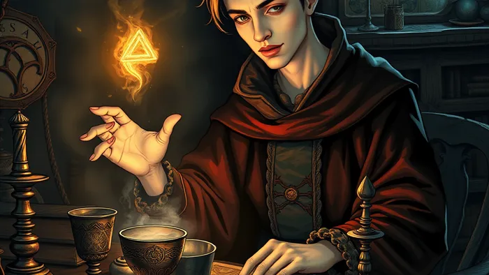 Детализированное изображение аркана Маг из колоды Таро в мистической атмосфере, с акцентом на символы жезла, чаши, меча и пентакля.