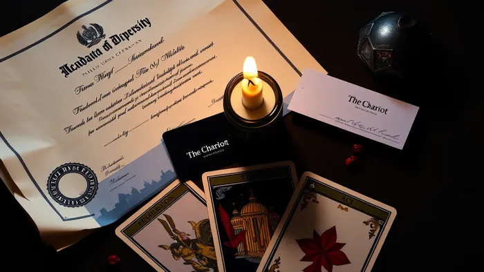 Символичное изображение дилеммы выбора: диплом зарубежного вуза, визитка российской компании и карты Таро (Колесница, Звезда, Туз Пентаклей) на старинном столе.