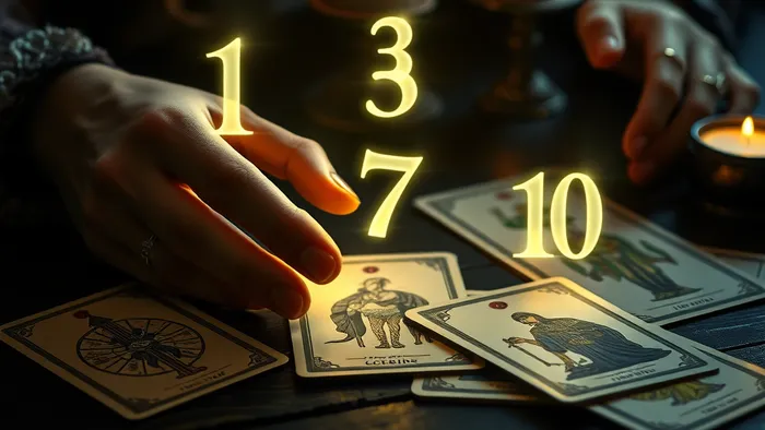 Руки таролога раскладывают карты Таро, над которыми парят светящиеся полупрозрачные числа (1, 3, 7, 10). Мистическая атмосфера, свечи, колода Райдера-Уэйта.