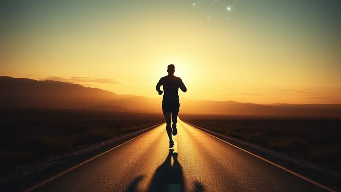 Символическое изображение бегуна на длинной дороге в сумерках, где его тень образует силуэт Колесницы Таро, а путь освещен созвездиями Старших Арканов.