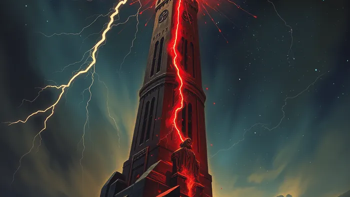 Символическое изображение карты Таро Башня, на которую обрушивается удар молнии красного цвета, ассоциирующийся с планетой Марс. На фоне видно созвездие Овна.