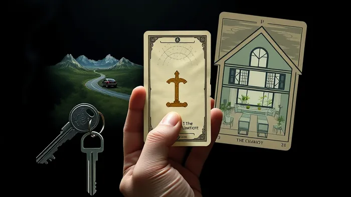 Символическое изображение выбора между машиной и квартирой через призму карты Таро Колесница: ключи от машины превращаются в дорогу, ключ от дома — в план квартиры.