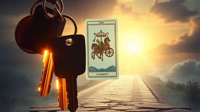 Символическое изображение дилеммы: ключи от машины в цепях из монет-долгов и открытая дорога к рассвету. В центре парит карта Таро Колесница, соединяя оба пути.