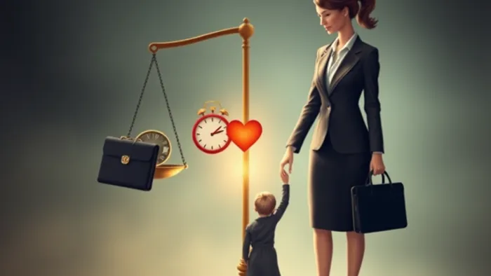 Символическая иллюстрация в стиле карты Таро: баланс между работой (портфель) и материнством (рука ребенка). На весах — часы и сердце.