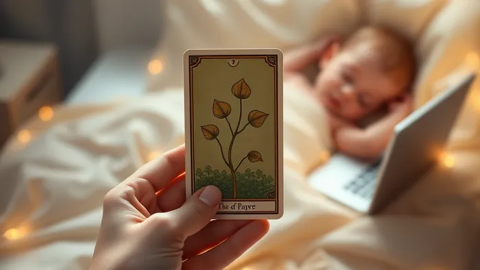 Символическое изображение материнства и баланса: руки женщины держат карту Таро Двойка Пентаклей, на фоне — спящий ребенок и ноутбук с мягким светом.