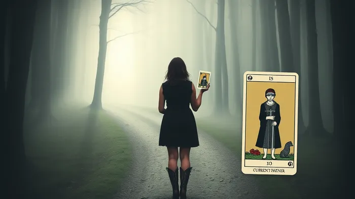 Символическое изображение женщины на распутье в лесу, держащей карту Таро Двойка Мечей. Одна тропа ведёт к видению семьи, другая — к одинокой фигуре. Иллюстрация сложного выбора.