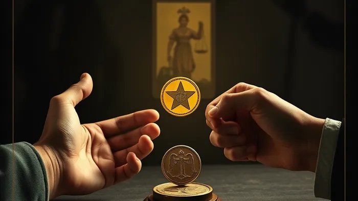 Символическое изображение выбора между медиацией и судом в стиле карт Таро: две руки, открытая и сжатая в кулак, тянутся к монете на столе. На фоне — арканы Правосудие и Сила.