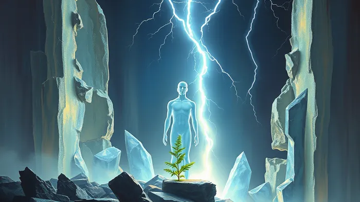 Символическое изображение медитации на архетип Башни: человек в центре разрушающейся хрустальной башни, молнии и росток жизни среди руин.