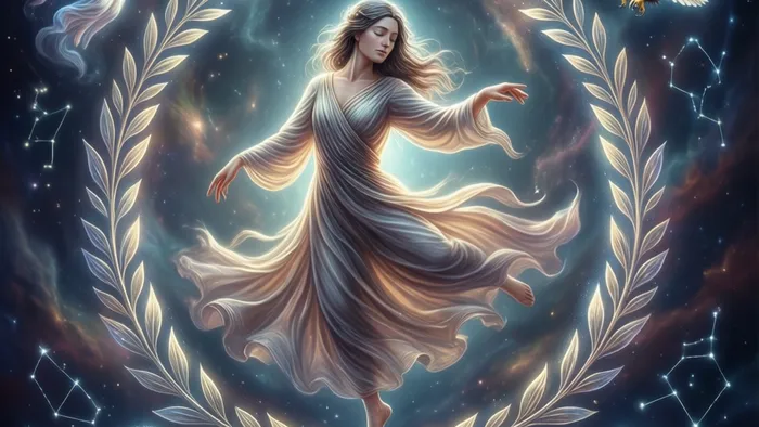 Символическое изображение архетипа Мир из Таро: фигура в центре светящегося венка в космическом пространстве, олицетворяющая интеграцию и целостность.