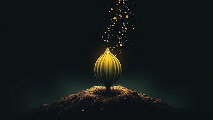 Символическое изображение архетипа трансформации: раскрывающийся семенной стручок в темноте, выпускающий частицы света.