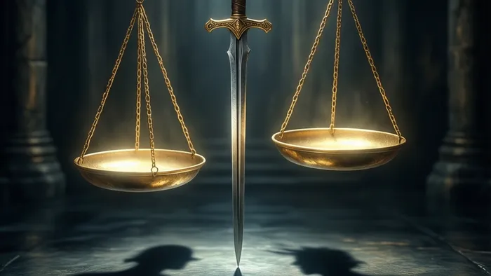 Символическое изображение архетипа Справедливость: парящие золотые весы и меч в таинственном зале, отражение теней внизу.