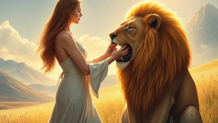 Иллюстрация в стиле карты Таро Сила: женщина мягко, но уверенно держит пасть золотогривого льва в цветущем лугу.
