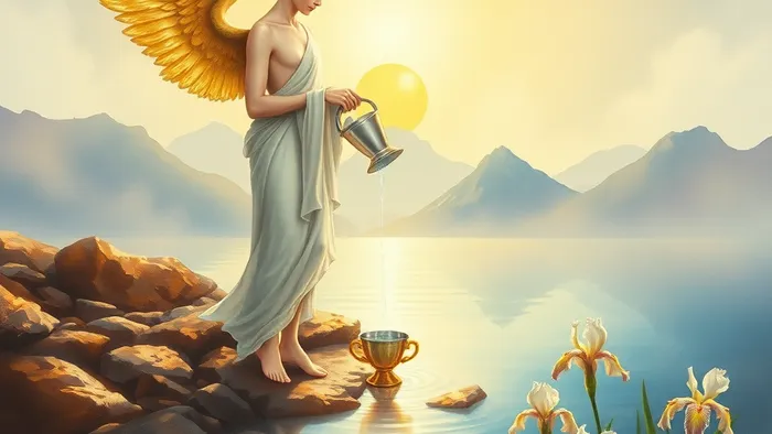 Ангел аркана Умеренность переливает воду между золотой и серебряной чашей, стоя одной ногой на земле, другой в воде — символ баланса и алхимии.