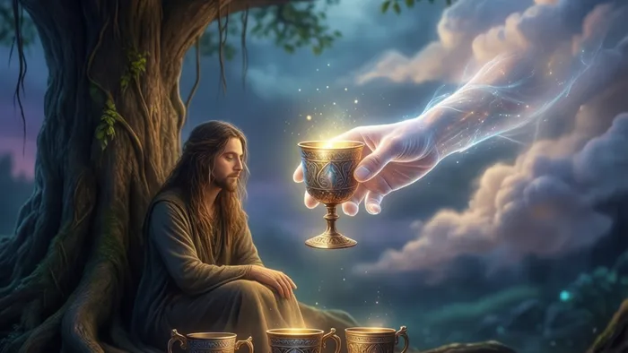 Символическое изображение медитации на Четверку Кубков Таро: человек в раздумьях под деревом, три чаши у ног и четвертую, сияющую, протягивает рука из облаков.