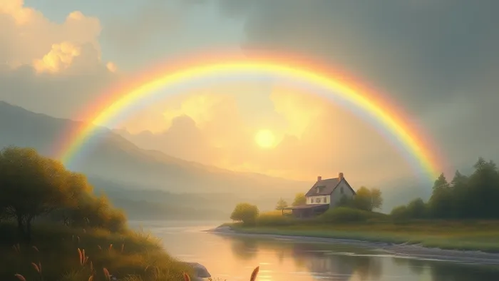 Символическое изображение медитации на Десятку Кубков Таро: радуга над гармоничным пейзажем, излучающая покой и эмоциональную целостность.