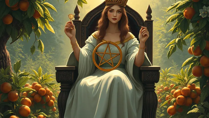 Женщина, олицетворяющая Королеву Пентаклей, сидит в центре цветущего сада, уверенно держа в руках символ изобилия — пентакль. Вокруг — плодородная земля и спелые плоды.