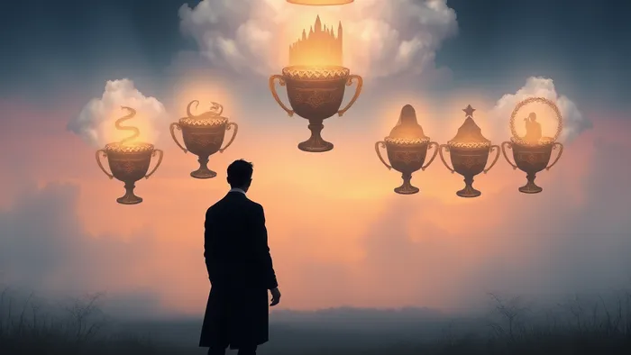 Символическое изображение медитации на Семерку Кубков Таро: фигура в туманном поле созерцает семь парящих кубков с разными образами внутри.