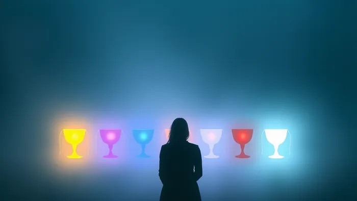 Символическое изображение медитации на Семерку Кубков Таро: человек созерцает семь парящих светящихся чаш в туманном ландшафте.