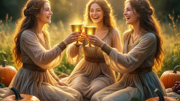 Мистическая визуализация карты Тройка Кубков для медитации: три радостные фигуры в потоке золотого света празднуют в луге, символ изобилия и сердечного соединения.