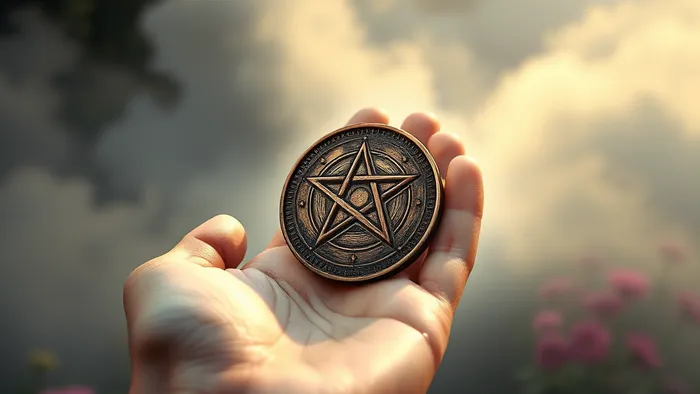 Детализированный образ руки, держащей монету с пентаграммой на фоне цветущего сада — визуализация Туза Пентаклей для медитации.