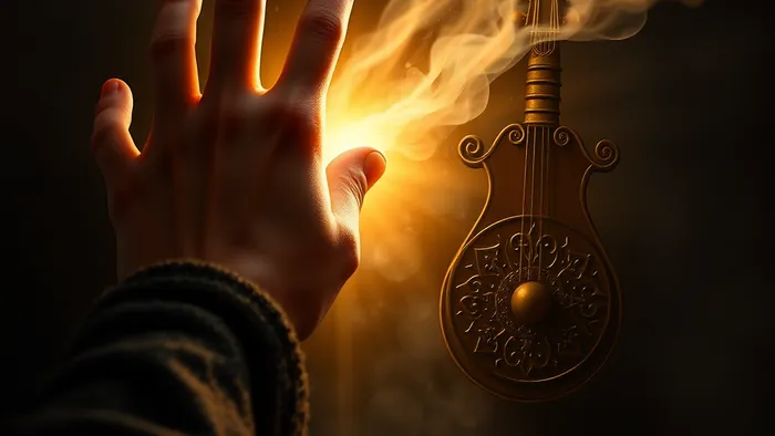 Рука тянется к светящемуся музыкальному ключу в окружении символов карт Таро, иллюстрируя поиск неуловимой мелодии из снов.