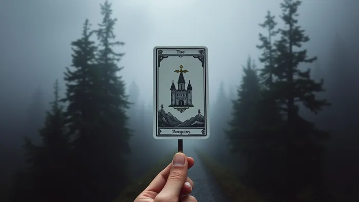 Символическое изображение развилки путей в туманном лесу как метафора выбора после сокращения: путь лунного света к старому замку и путь солнечного света к новым горам, с картой Таро Двойка Пентаклей в центре.