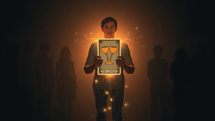 Символическое изображение человека на перепутье между старым и новым кругом общения, освещенное светом от карты Таро в его руках.