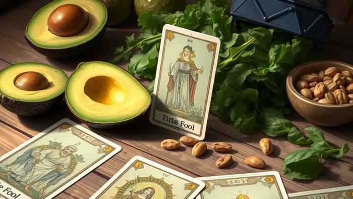 Расклад карт Таро на тему веганства: карта Шут лежит рядом с авокадо и зеленью на деревянном столе.