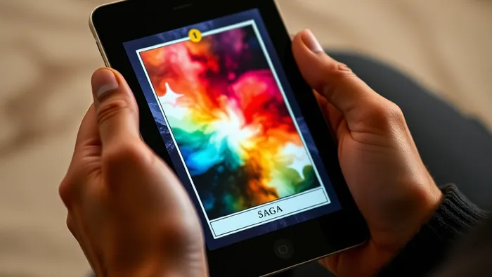 Человек работает с метафорическими картами онлайн на планшете: на экране яркое абстрактное изображение, символизирующее внутренний поиск.