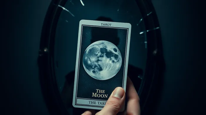 Концептуальное изображение руки, держащей карту Таро Луна перед треснувшим зеркалом, в отражении которого видна теневая фигура. Символика проекций и работы с тенью.